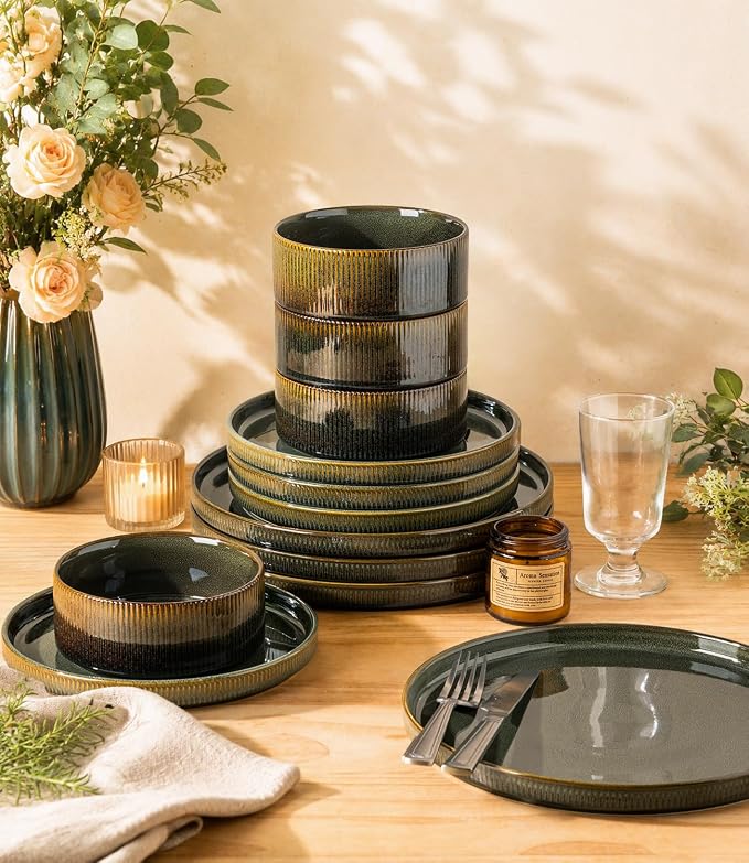 Ceramic Dinnerware Set for 4, 12-Piece Plates and Bowls Set | Lightweight - Image 6
