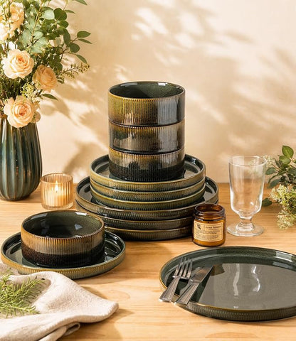 Ceramic Dinnerware Set for 4, 12-Piece Plates and Bowls Set | Lightweight - Image 6