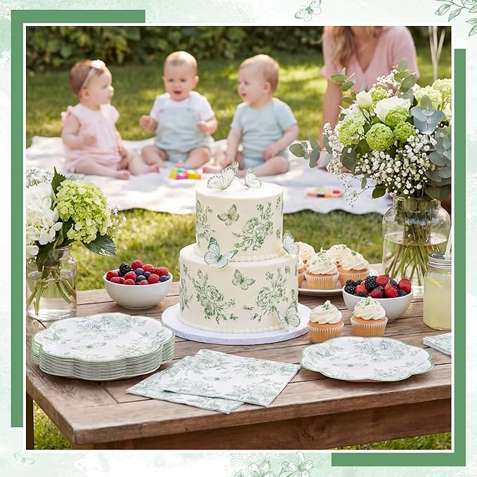 50 Pcs Sage Green Floral Plates and Napkins, Paper Floral Party Supplies | - Image 5