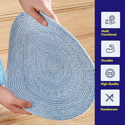 Round Placemats Set of 4-100% Cotton Two-Tone Placemat for Dining Table - Woven Braided Table Setting Place Mat - Washable Table Decor for Kitchen, Farmhouse, Rustic, Everyday Use, Dark Blue