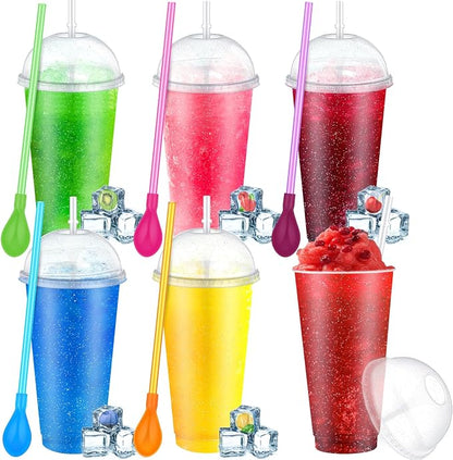 6 Set Slushie Cups with Dome Lids and Straws Detachable Spoon Straws Reusable by Unknown