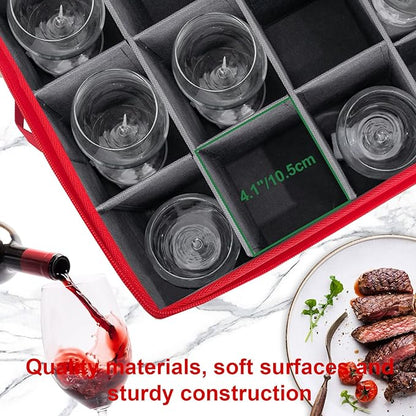 VERONLY Wine Glass Storage Box with Dividers, Stemware Storage Case Hard Shell Stackable for Up to 12 Glasses, Crystal Glassware Containers for Holidays (Grey and Red)