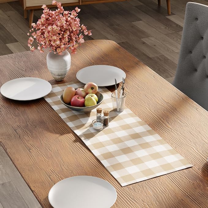 Encasa XO Table Runner, Woven Cotton Dining Runner 13"x36" Buffalo Beige Checks - Image 3