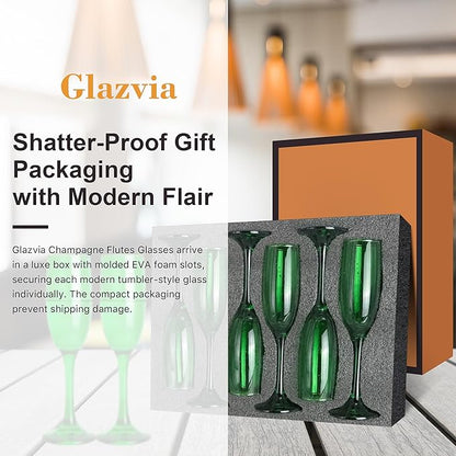Champagne Flutes Glasses Set of 6-6oz Elegant Green Champagne Glass, Unique Green Colored Long stem Champagne Flute Gift for Wedding, Anniversaries, Parties, Birthday, Restaurant, Home Bar