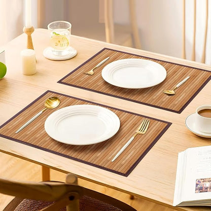 Bamboo Placemats with Fabric Border Set of 4 Natural Bamboo Rectangular Rolling Table Mats for Dining Kitchen Table Heat Resistant Table Protection Light Brown