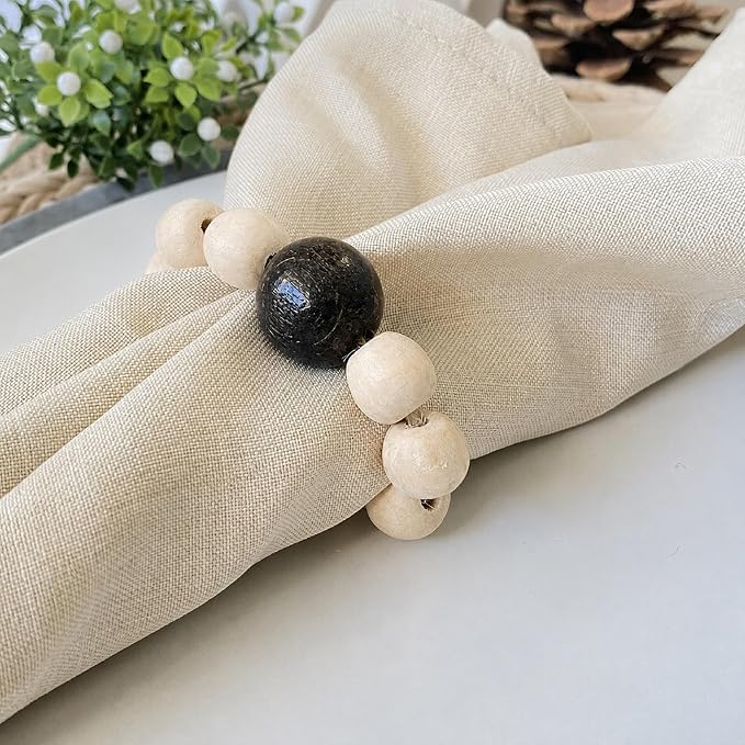Wood Bead Napkin Rings Set of 6, Dark Gray and Natural Beech Wood, Farmhouse - Image 3