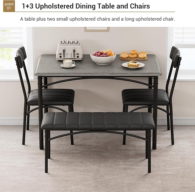 Dining Table Set for 4, Rectangular Kitchen Table and Chairs Set of 4 for Small Spaces, Modern Dining Room Table Set with Upholstered Bench and 2 Chairs, Space Saving Dining Furniture for Apartments
