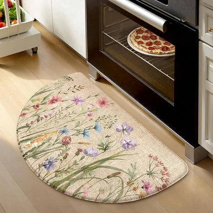KIMODE Kitchen Mat Cushioned Anti Fatigue, Half Moon Floral Kitchen Rug, Comfort Padded Kitchen Floor Mat Non Slip, Ergonomic Standing Desk Mat for Sink Laundry Office Brown 18"x28"