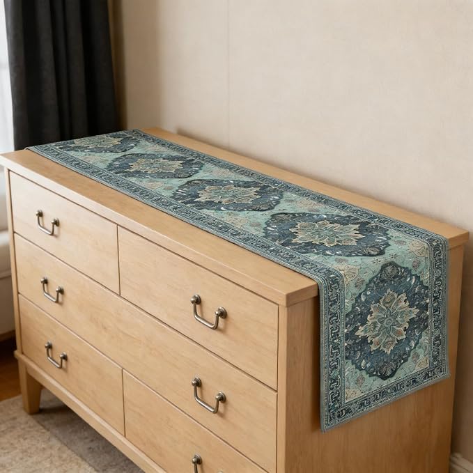 OYIMUA Boho Floral Pattern Summer Table Runner 72 Inches Long Teal and Blue - Image 3