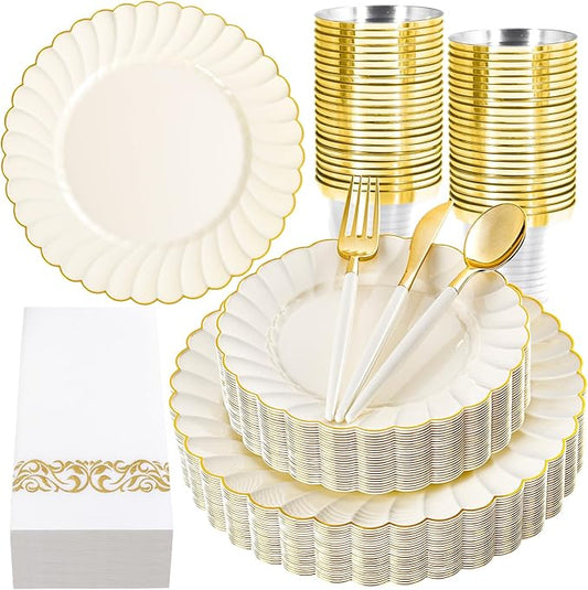 Ciaell 175 PCS Ivory Scalloped Plastic Plates - Gold Disposable Plates Fancy High-end Dinnerware Sets for Wedding & Party (25 Guests)
