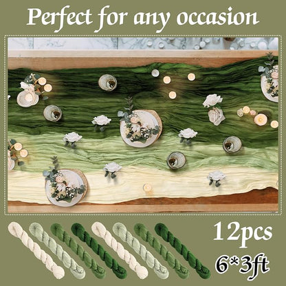 12 Pcs Gradient Green Cheesecloth Gauze Table Runners | Boho Wedding Decor - Image 3