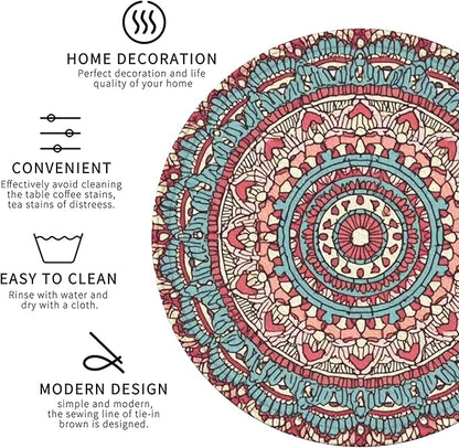 Mandala Pattern Coasters Leather Round Drink Coasters 6 Pcs Set with Holderor for Cup Drink Coffee Table Bar Home Decor