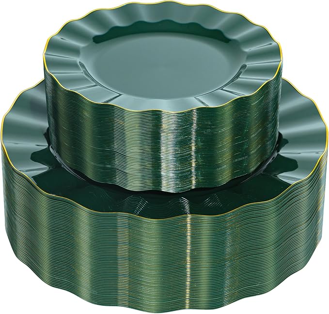 120PCS Dark Green Plastic Plates, Wavy Plates by QualQuot