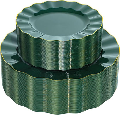 120PCS Dark Green Plastic Plates, Wavy Plates by QualQuot