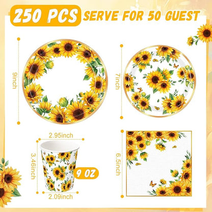 250 Pcs Sunflower Party Decorations Include Sunflower Paper Plates Napkins and - Image 3