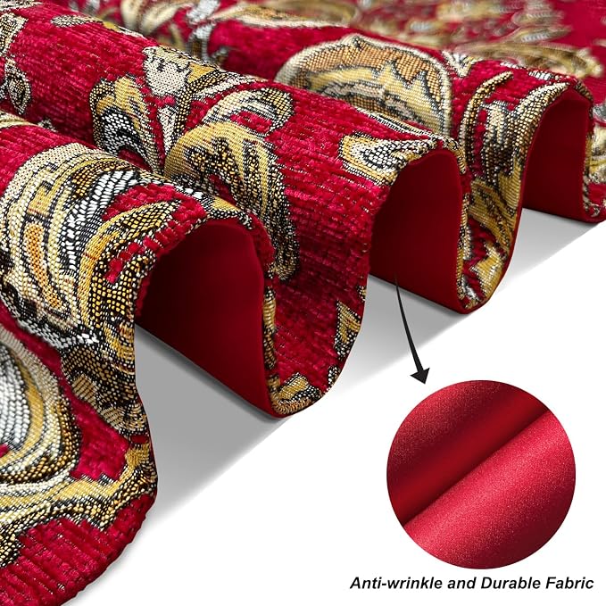 Luxury Table Runner Red 84" Vintage Embroidered Jacquard Chenille Cloths | - Image 6