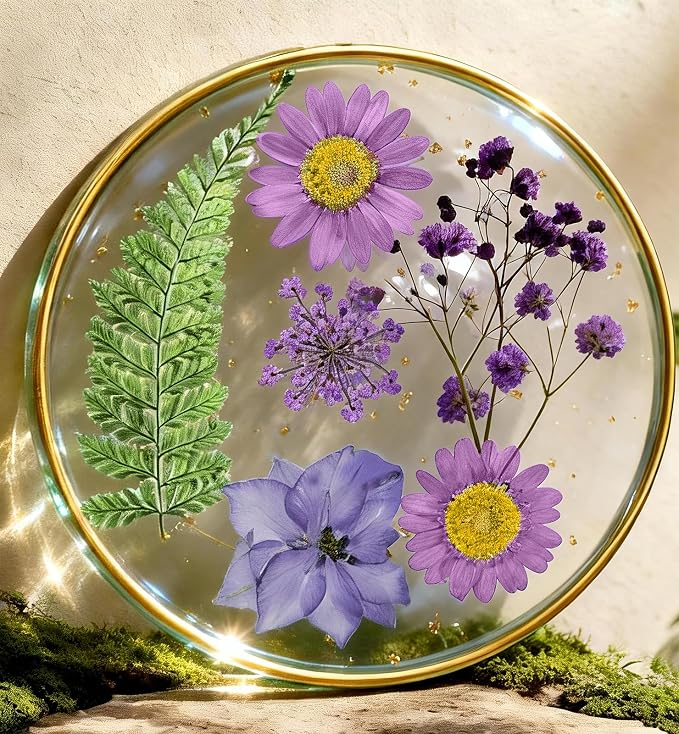 Oqplog Resin Drink Coaster for Desk Coffee Table-Purple Cute Dried Flowers Cup by Oqplog