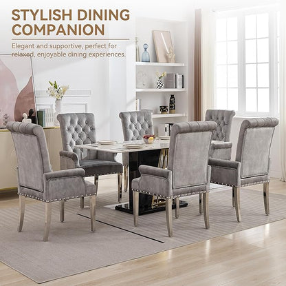 Velvet Dining Chair with Arms, Upholstered Tufted High Back Dining Room Chairs, Accent Armchair with Chrome Leg and Nailhead Trim, Kitchen Dining Living Room, Grey