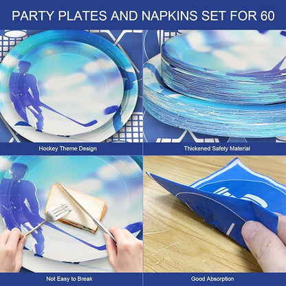 180Pcs Ice Hockey Party Supplies Paper Plates and Napkins Serve 60 | Disposable - Image 3