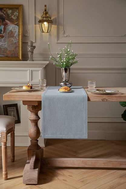 Burlap Style Farmhouse Table Runner, 14x108 Inches Light Dusty Blue | Thick - Image 2