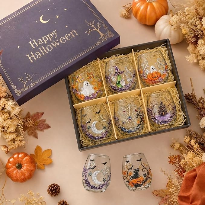 Halloween Printed Glass Cup, Ghost Pumpkin Themed Handleless Drinking Tumbler - Image 9