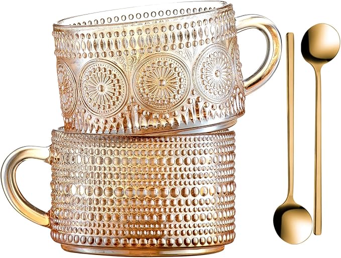 Gezzeny Vintage Coffee Mugs 14 Oz Set of 2 Amber Embossed Glass Tea Cups by Gezzeny
