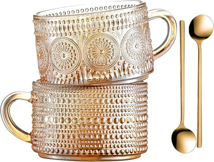 Gezzeny Vintage Coffee Mugs 14 Oz Set of 2 Amber Embossed Glass Tea Cups by Gezzeny