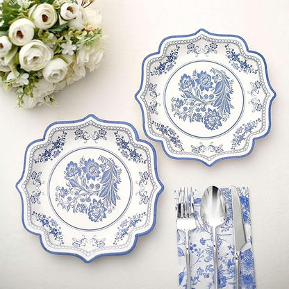 50 Pack 8" Light Blue French Toile Dessert Plates, Disposable Round Paper Floral Pattern Appetizer Salad Plates 300 GSM for Party Decoration