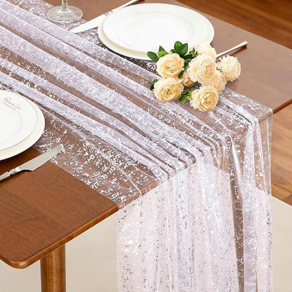 SiinvdaBZX 4 Pcs White Silver Sheer Tulle Table Runner 120 Inch/10 Ft Long | by SiinvdaBZX