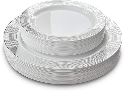 OCCASIONS 120 Plates Pack,(60 Guests) Heavyweight Premium Wedding Party Disposable Plastic Plates Set -60 x 10.5'' Dinner + 60 x 7.5'' Salad/Dessert (Linen White & Silver)