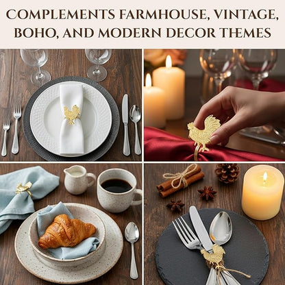 ALPHA Living HOME Set of 12 Rooster Napkin Rings for Farmhouse Table Decor | Premium Metal Chicken Dinnerware Holders | Rustic Kitchen & Holiday Party Table Setting (Gold)
