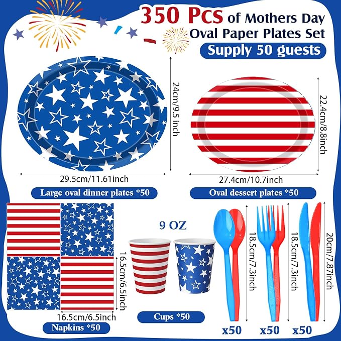 350 Pcs 4th of July Party Decorations 12 inch Disposable Patriotic Oval Plates - Image 3