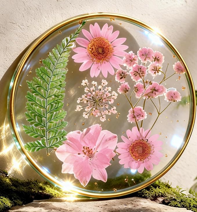 Oqplog Resin Drink Coaster for Desk Coffee Table-Pink Cute Dried Flowers Cup by Oqplog