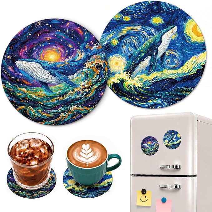 Starry Night Style Whale Funny Round Magnetic Coaster Set of 2 Doubles as by Unknown