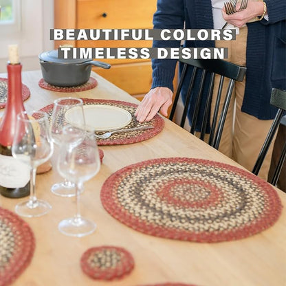 Homespice Chester Jute Woven Round Placemats Set of 6, 15", Warm Lodge and Cabin Decor, Red Table Mats - Vibrant Colors, Durable, Easy to Clean and Protects Furniture