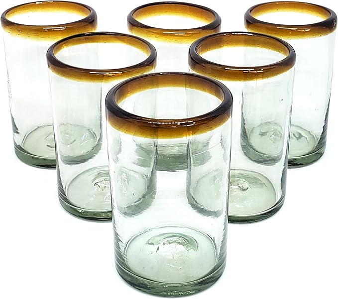 Amber Rim 14 oz Drinking Glasses (set of 6), Recycled Glass, Lead-free, Toxin-Free (Drinking)