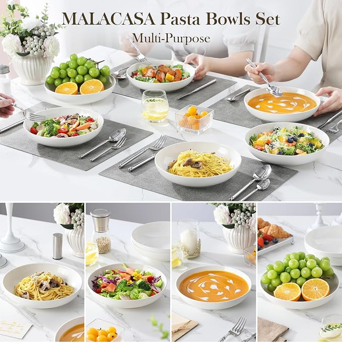 MALACASA 8.85" Large Pasta Bowls, 42 OZ White Salad Bowls Soup Bowls, Porcelain - Image 5