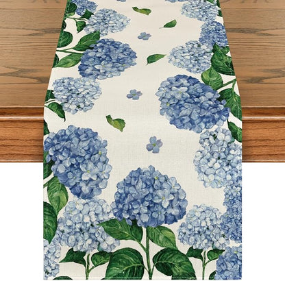 Artoid Mode Watercolor Hydrangea Table Runner, Spring Summer Seasonal Kitchen by ArtoidMode