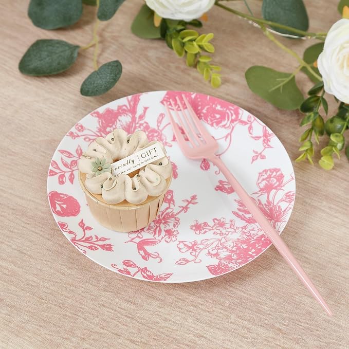 Efavormart 10-Pack French Toile Plastic Dessert Plates – Pink & White Floral - Image 6