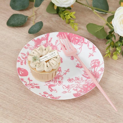 Efavormart 10-Pack French Toile Plastic Dessert Plates – Pink & White Floral - Image 6