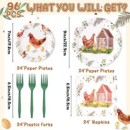 96Pcs Chicken Barnyard Farm Animal Watercolor Hen Chick Party Plates Supplies - Image 2