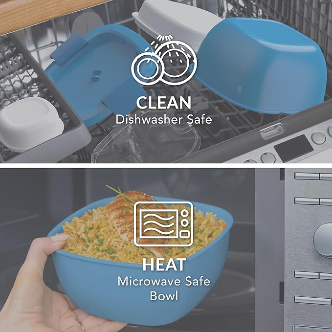 Bentgo Salad Container - 54 oz Bowl with 4-Compartment Toppings Tray, Leak-Proof Dressing Container, Reusable Fork, BPA-Free Lunch Box for Meal Prep & Food Storage; Removable Bento Tray (Blue)