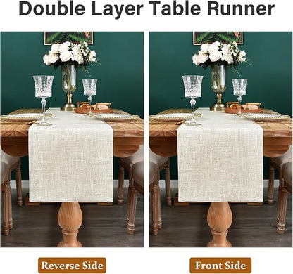 Farmhouse Rustic Faux Linen Table Runner Neutral Beige Table Runners Double - Image 6