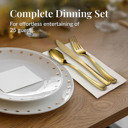 Prestee 100 Piece Gold Plastic Silverware Set - 25 Pre-Rolled Plastic Utensils Set with Forks, Knives, Spoons, and White Napkins - Fancy Disposable Flatware for Dinner Parties, Weddings, and Events