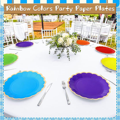 96 Pcs Rainbow Paper Plates 9 Inch Gradient Scalloped Paper Plates Disposable Dinner Dessert for Birthday Wedding Bridal Party Supplies, 6 Colors