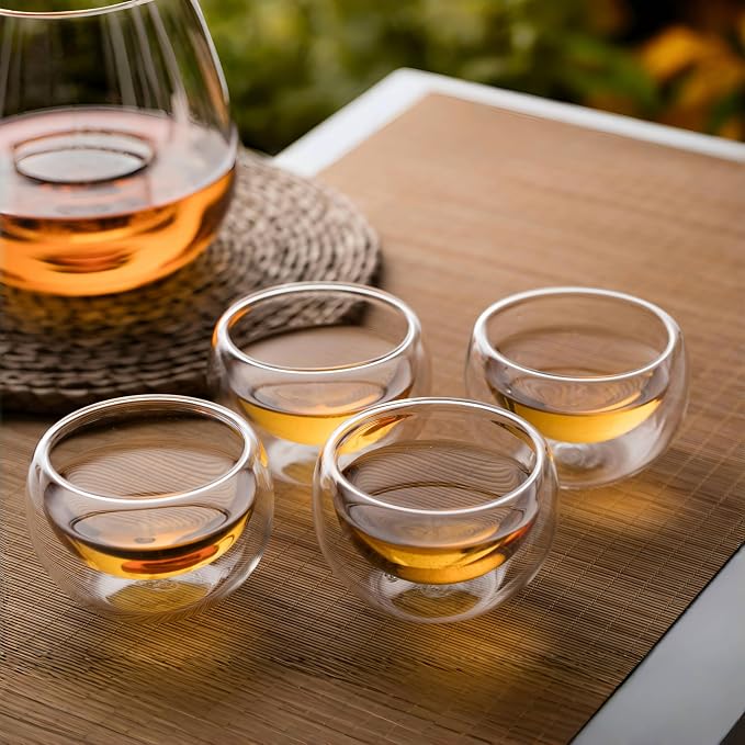 CNGLASS Double Wall Glass Tea Cup Set of 4, 100ml Asian Insulated Clear Teacups - Image 4