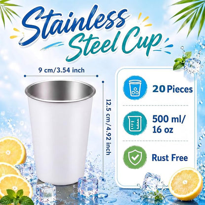 Mimorou 20 Pack 16 oz Stainless Steel Pint Cups Metal Cups Unbreakable Drinking - Image 2