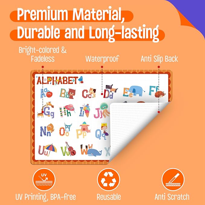 6 Pack Placemats for Kids, Non-Slip Washable, Reusable Alphabet, America & - Image 2