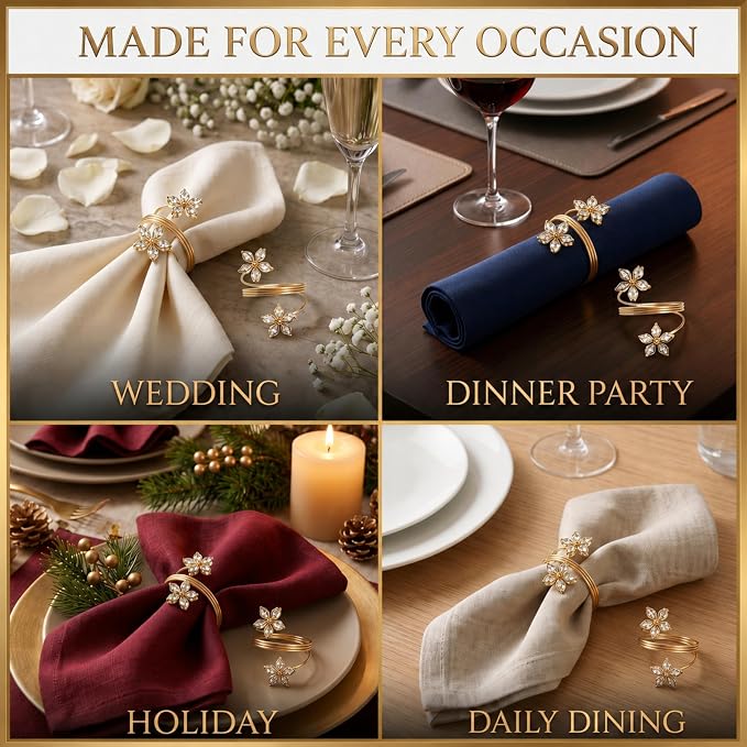 Gold Napkin Rings Set of 12 – Crystal Flower Design – Luxury Napkin Rings Gold - Image 7