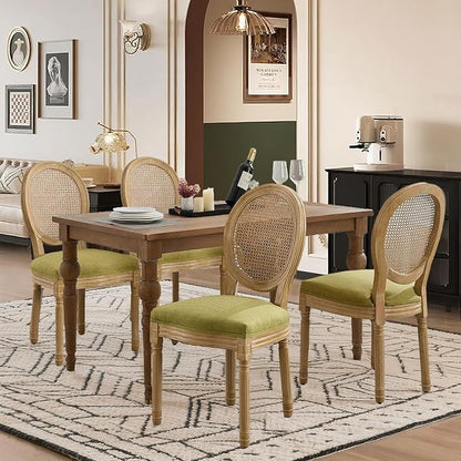 SoarFlash French Dining Chairs Set of 4, Vantage Dining Chair with Round Back, Wood Leg Farmhouse Country Rattan Dining Chair for Kitchen,Bedroom,Olive Green